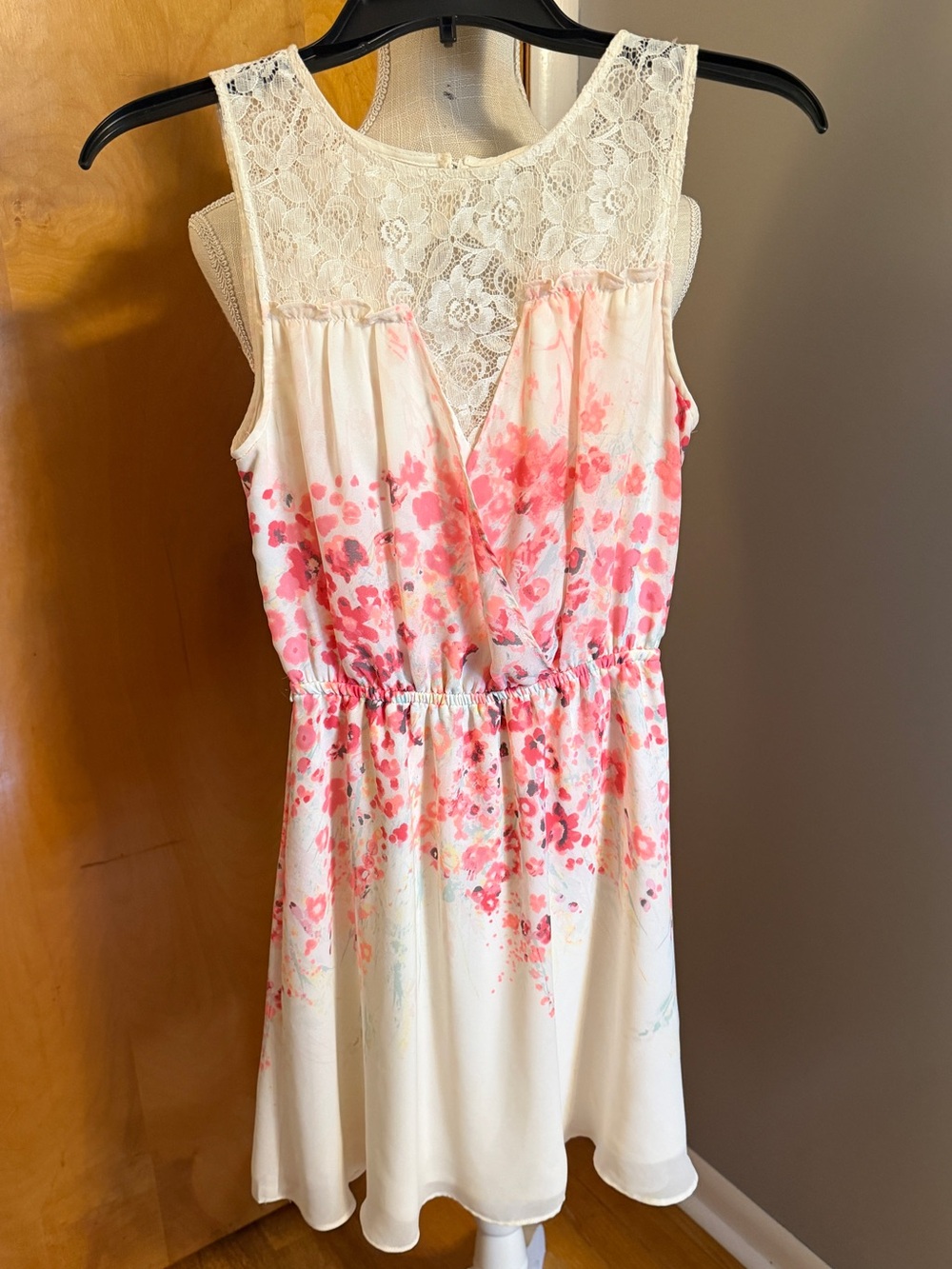 Candie's Cream Dress with Lace Detail and Rhinestone Buttons